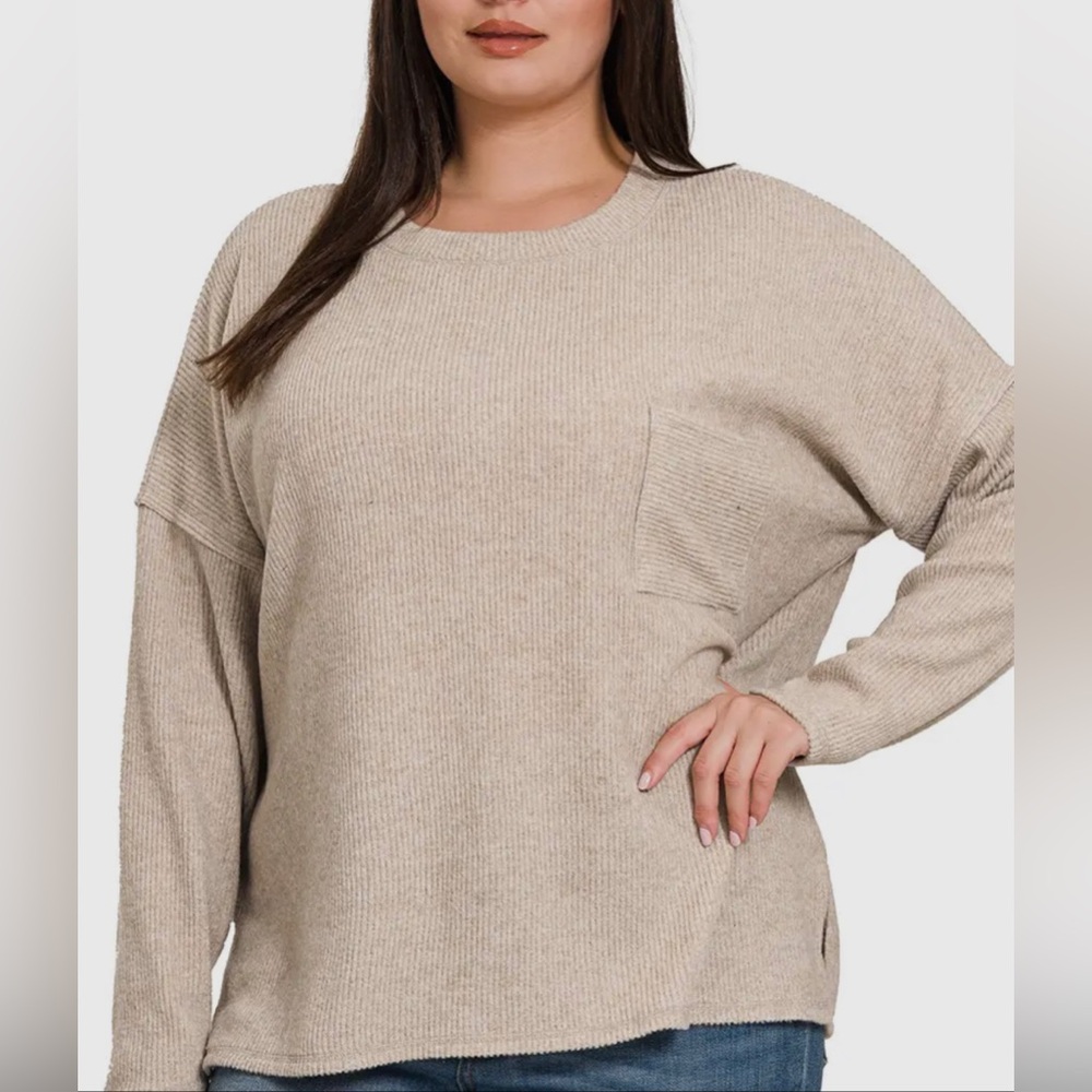 NEW Ribbed brushed melange Hacci sweater with pocket - Mocha